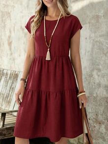 EMERY ROSE Women's Casual Linen-Like Green Short Sleeve Round Neck Mid-Length Dress, Spring/Summer - Red - View 1