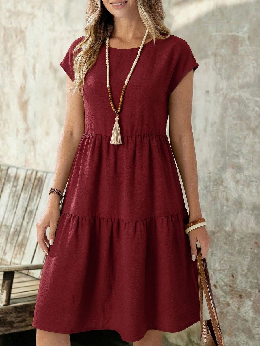 EMERY ROSE Women's Casual Linen-Like Green Short Sleeve Round Neck Mid-Length Dress, Spring/Summer - Red - View 1