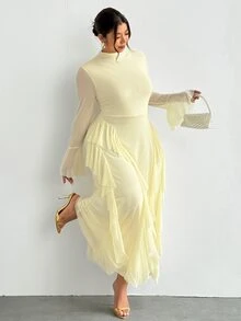 Firerie Plus Size Women's Solid Color Stand Collar Bell Sleeve Patchwork Ruffle Elegant Dress - Yellow - View 5