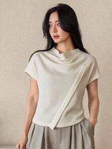 Dazy-Less Women's Korean Style Minimalist Ribbed Draped T-Shirt For Daily Wear - Light Yellow - View 1