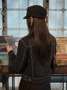 Livesso Women's Polka Dot Single-Breasted Casual Daily Denim Jacket - Black - View 2