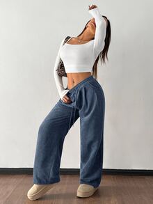 SHEIN PETITE 女款秋冬街頭時尚休閒復古燈芯絨紋理寬鬆長褲，小個女款上班通勤咖啡棕色 - 水鴨藍 - 查看 4