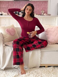 SweetSlumber Women's Casual Home Plaid Long Sleeve Pants Pajama Set - Red - View 6