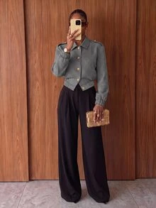 Lumalex 千鳥格飛行員西裝外套 翻領 金色鈕扣 長袖 彈性下擺 寬鬆修身剪裁，秋冬款 - 黑與白 - 查看 5