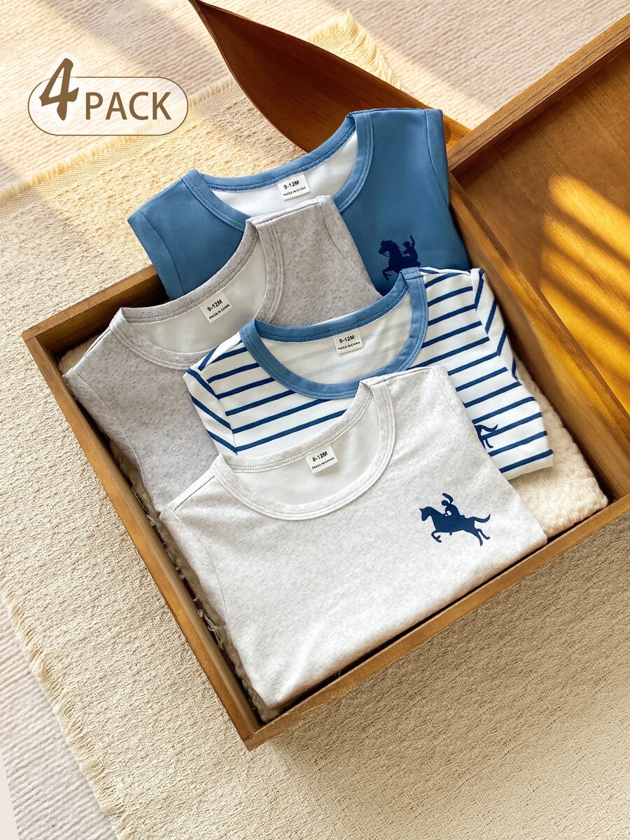 SHEIN Vintaside Kids Baby Boy Minimalist Round Neck Long Sleeve Tops 4pcs Set - Multicolor - View 1