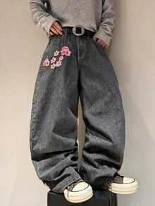 STEELVANCE 街頭風極簡精緻桃花刺繡設計百搭寬鬆寬腿牛仔褲 - 灰色 - 查看 6
