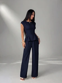 SHEIN PETITE 女款純色上衣與長褲休閒日常兩件套 - 藍色 - 查看 8