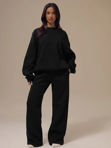 MUSERA ESSENTIALS 麻灰羅紋飾邊落肩寬鬆袖大廓形運動衫針織衫 居家休閒基礎款 日常必備 - 黑色 - 查看 2