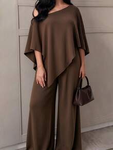 Weeklong Plus Size Elegant Off Shoulder Cape Knit Two Pieces Set, Asymmetric Top & Wide Leg Pants - Brown - View 3