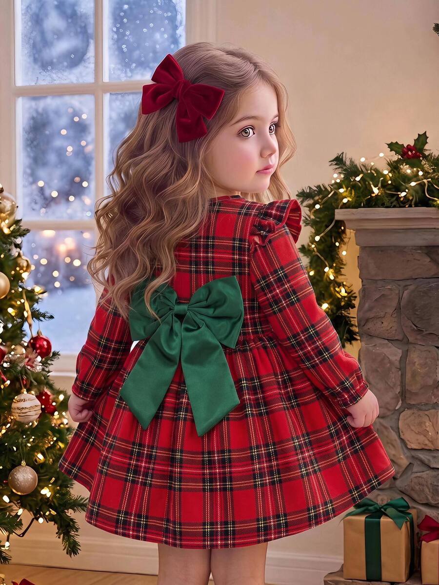 SHEIN Gaun Bayi Perempuan Motif Kotak-kotak Dua Warna dengan Hiasan Pita di Pinggang dan Lengan Bergelombang, Cocok untuk Natal - Merah - View 1