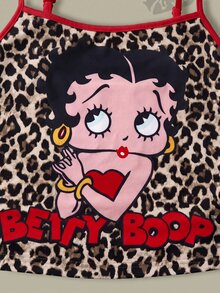 Betty Boop x SHEIN Women's Leopard Print & Letter Print Camisole Top And Shorts Pajama Set Betty Boop - Brown - View 6