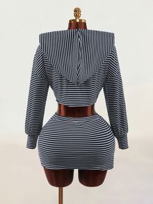 Mistrie Women's Striped Zipper Front Cropped Hoodie, Cropped Halter Top And Skirt Set - Multicolor - View 6