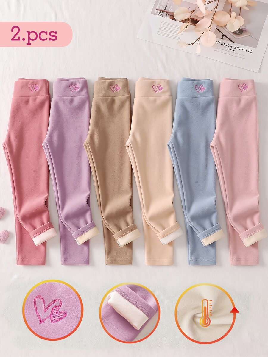 [Randomly 2 Sets]Girls' Autumn/Winter New Thick Fleece-Like Exquisite Bow Heart Embroidery Minimalist Comfortable Casual Knit Leggings, Skin-Tight - Multicolor - View 1