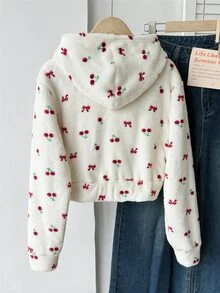 SHEIN 青少年女孩寬鬆休閒極簡舒適日常街頭風連帽修身口袋拉鍊短款長袖衛衣外套 豹紋抓絨 - 彩色 - 查看 2