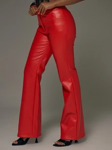 MUSERA Red PU Low Rise Flared Pants Fall Autumn Winter Sexy Going Out Halloween Black Instinct - Red - View 3