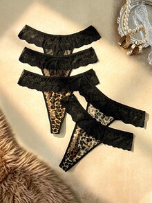 Bare Chapter 5pcs Leopard Print Lace Trim Women's Panty Set, Soft And Comfortable Fabric, Suitable For Daily Wear And All Seasons, Fashionable And Sexy Leopard Design, Perfect For Dates And Parties - Multicolor - View 1
