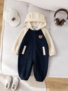 SHEIN 新生兒男嬰女嬰秋冬休閒拼色抓絨內裡熊圖案連帽連身衣 中性嬰兒服 冬季嬰兒衣 萬聖節嬰兒裝 - 彩色 - 查看 5