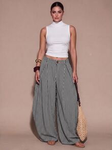 SHEIN BAE CURVE 大尺碼女款休閒波西米亞度假風黑白格紋紋理條紋寬鬆拼接長褲，適合外出、日常、萬聖節 - 黑色 - 查看 2
