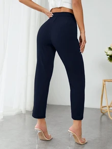 SHEIN PETITE 高腰壓褶錐形黑色夏季長褲，小個女款 - 藍色 - 查看 2