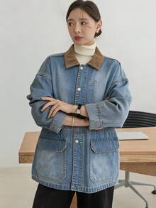 Dazy-Less Women's Colorblock Drop Shoulder Long Sleeve Single-Breasted Casual Denim Jacket - Light Wash - View 5