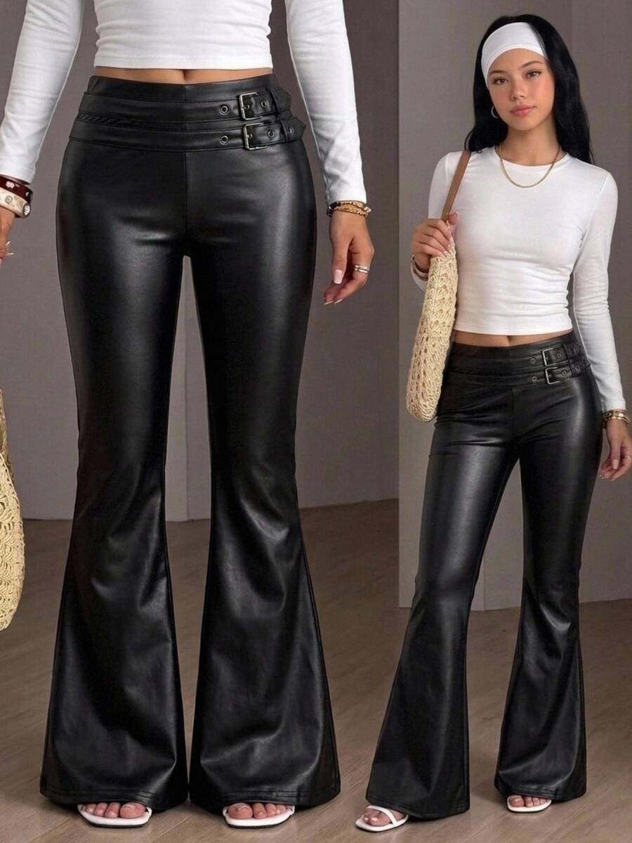 SHEIN Teen Girl Black PU Casual Slim Fit Flare Leggings - Black - View 1