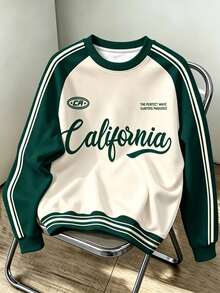 Daypath Loose-Fit Green And Beige Polyester Crewneck Sweatshirt With California Graphic And Striped Raglan Sleeves - Multicolor - View 1
