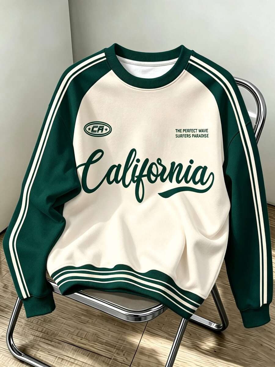 Daypath Loose-Fit Green And Beige Polyester Crewneck Sweatshirt With California Graphic And Striped Raglan Sleeves - Multicolor - View 1