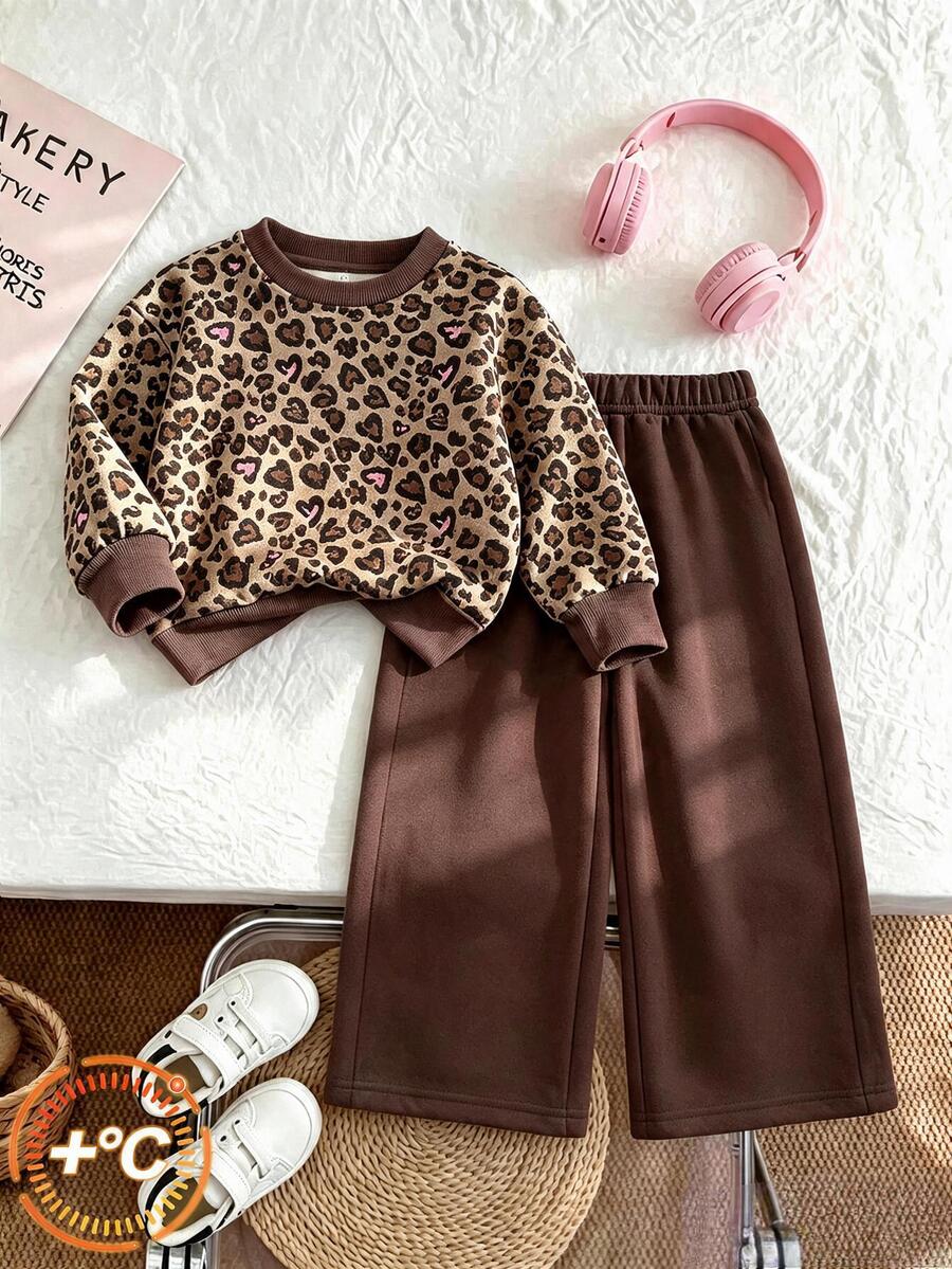 Girls Cute Leopard Print Pullover Sweatshirt & Wide Leg Sweatpants 2 Pieces Set, Comfortable Street Style Outfit, Fashionable Autumn/Winter Daily Wear - Multicolor - View 1
