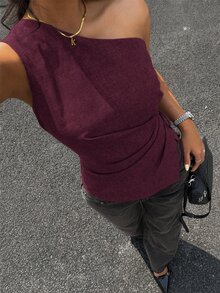 Aloruh 女款純色單肩無袖側綁帶不對稱下擺時尚上衣 - 紫色 - 查看 5
