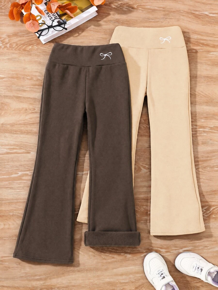 SHEIN Tween女孩秋冬休閒百搭保暖內裡加厚羅紋喇叭褲,附蝴蝶結與高領,2件套 - 彩色 - 查看 1