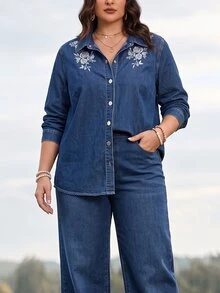 EMERY ROSE Winter Vintage Loose Fit Button Down Embroidered Denim Dark Blue Commute Office Warm Plus Size Denim Top For Women - Dark Wash - View 4