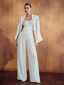 MOTF PREMIUM Jumpsuit bustier lễ nghi nhẹ thêu dày cho nữ, thu/đông - Màu be - Xem 3