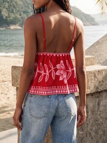 CAJUNI Women's Summer Beach Vacation Floral Print Ruffle Hem Camisole - Red - View 2