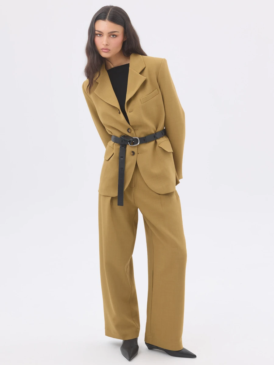 KÆRIA Hus Áo blazer một hàng khuy, phom ôm gọn, màu xanh chartreuse trầm, lót toàn bộ, phong cách công sở thanh lịch sắc sảo