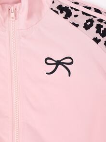 SHEIN Tween Girls Leopard Print 2 Pieces Outfit, Fall Style Pink Colorblock Zip Jacket & Wide Leg Sweatpants Set, Casual Tracksuit - Pink - View 5
