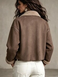 LUMIGAL Women's Autumn/Winter Long Sleeve Thermal Lined Single-Breasted Casual 90s Retro Loose Fit Jacket Everyday Hiking Brown - Brown - View 2
