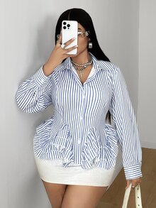 Maweii Plus Size Blue & White Vertical Striped Cinched Waist Cropped Shirt, Ruffle Hem, Turn-Down Collar, Long Sleeve, Slimming Commuter Blouse - Blue and White - View 1