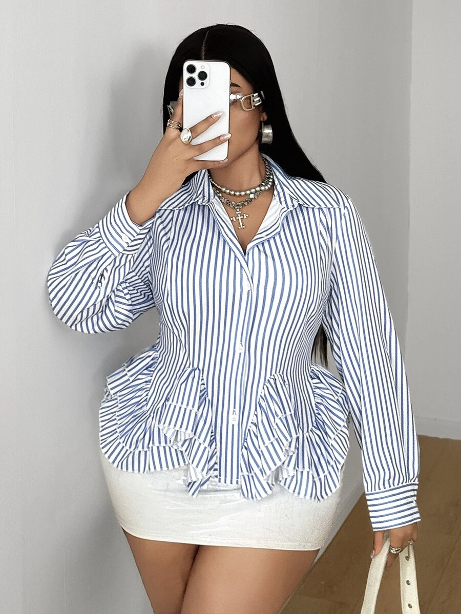 Maweii Plus Size Blue & White Vertical Striped Cinched Waist Cropped Shirt, Ruffle Hem, Turn-Down Collar, Long Sleeve, Slimming Commuter Blouse - Blue and White - View 1