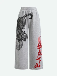 SHEIN 青少年女孩休閒街頭時尚虎頭圖案印花側口袋鬆緊腰寬鬆寬腿運動長褲，四季可穿 - 灰色 - 查看 5