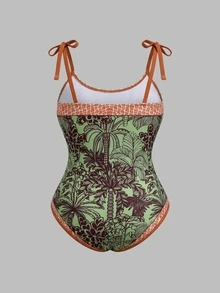 Swim Oasis Plus Size Coconut Tree Print One-Piece Swimsuit With Drawstring Waist Shorts Set - Multicolor - View 2