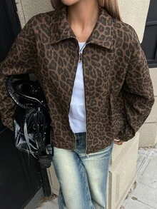 Livesso Women's Leopard Print Loose Casual Denim Jacket - Coffee Brown - View 4