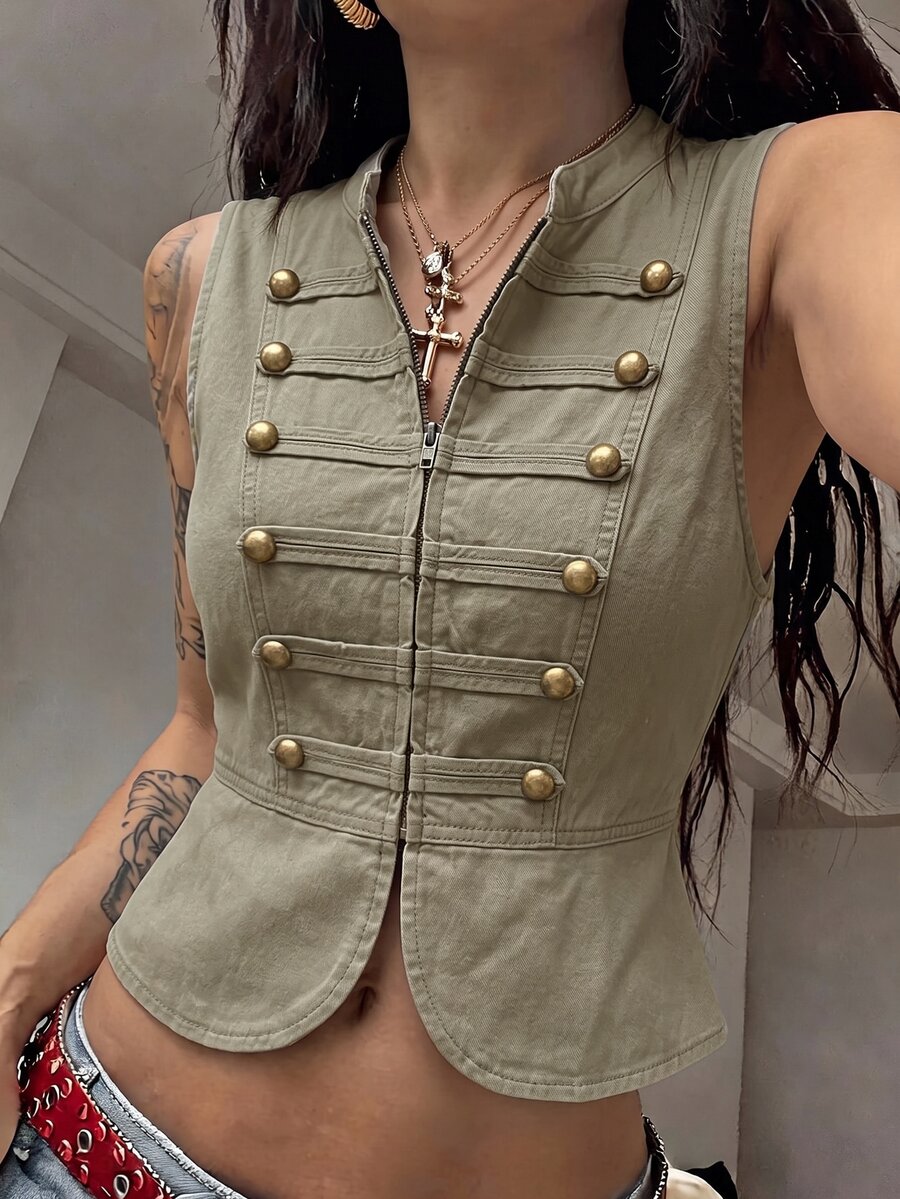 Soleia 女款雙排扣休閒百搭日常上衣 - 軍綠色 - 查看 1