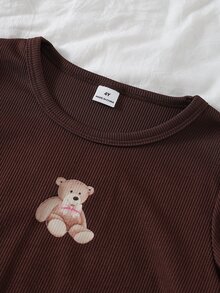SHEIN 女童杏色羅紋熊圖案長袖上衣與休閒熊圖案長褲居家套裝 節慶穿搭 秋冬款 - 彩色 - 查看 4