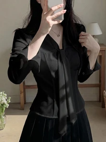 DAZY 女款極簡百搭長袖襯衫，適合商務辦公 - 黑色 - 查看 7