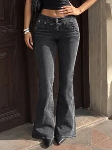 Jeanoix Women's Y2K Fashion Button Washed Denim Flare Pants - Grey - View 6