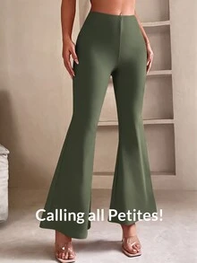 SHEIN PETITE 女款素色休閒百搭日常穿著喇叭褲 - 軍綠色 - 查看 7