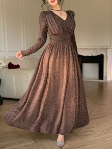 DAZY Autumn Women's Elegant Sequin One-Shoulder Mermaid Mid-Length Dress - Coffee - View 1