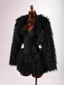 Amplova Women's Cropped Shawl Collar Wool Top, Sexy Avant-Garde Mini Jacket, Suitable For Autumn/Winter Party And Date Outfits - Black - View 3