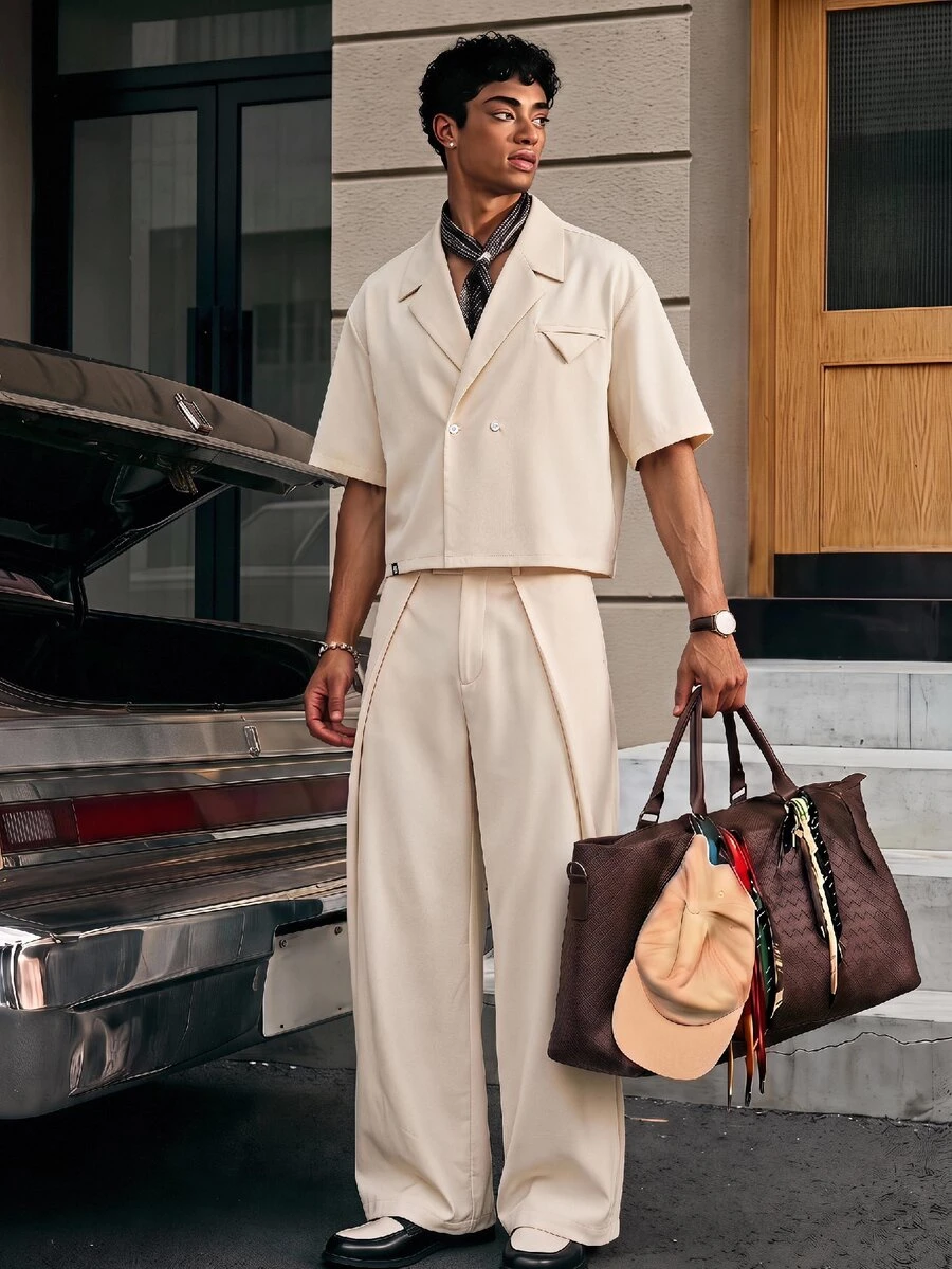 SWAVVY Men's Solid Color Short Sleeve Shirt And Long Pants Casual Set - White - View 1