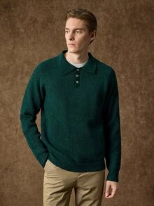 Manfinity CityGents Men's Ribbed Minimalist Button Half-Placket Long Sleeve Sweater - Dark Green - View 4